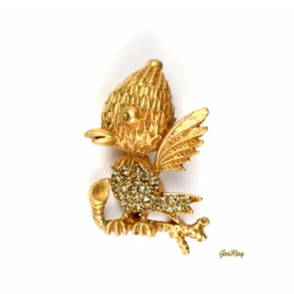 Vintage rare tortolani baby bird brooch pave crystals and brass